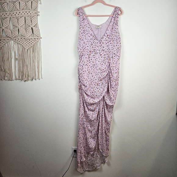 NICHOLAS Pink Purple Silk Floral Drape Front Ruched Hi Low Midi Dress Size 16 - Picture 3 of 12